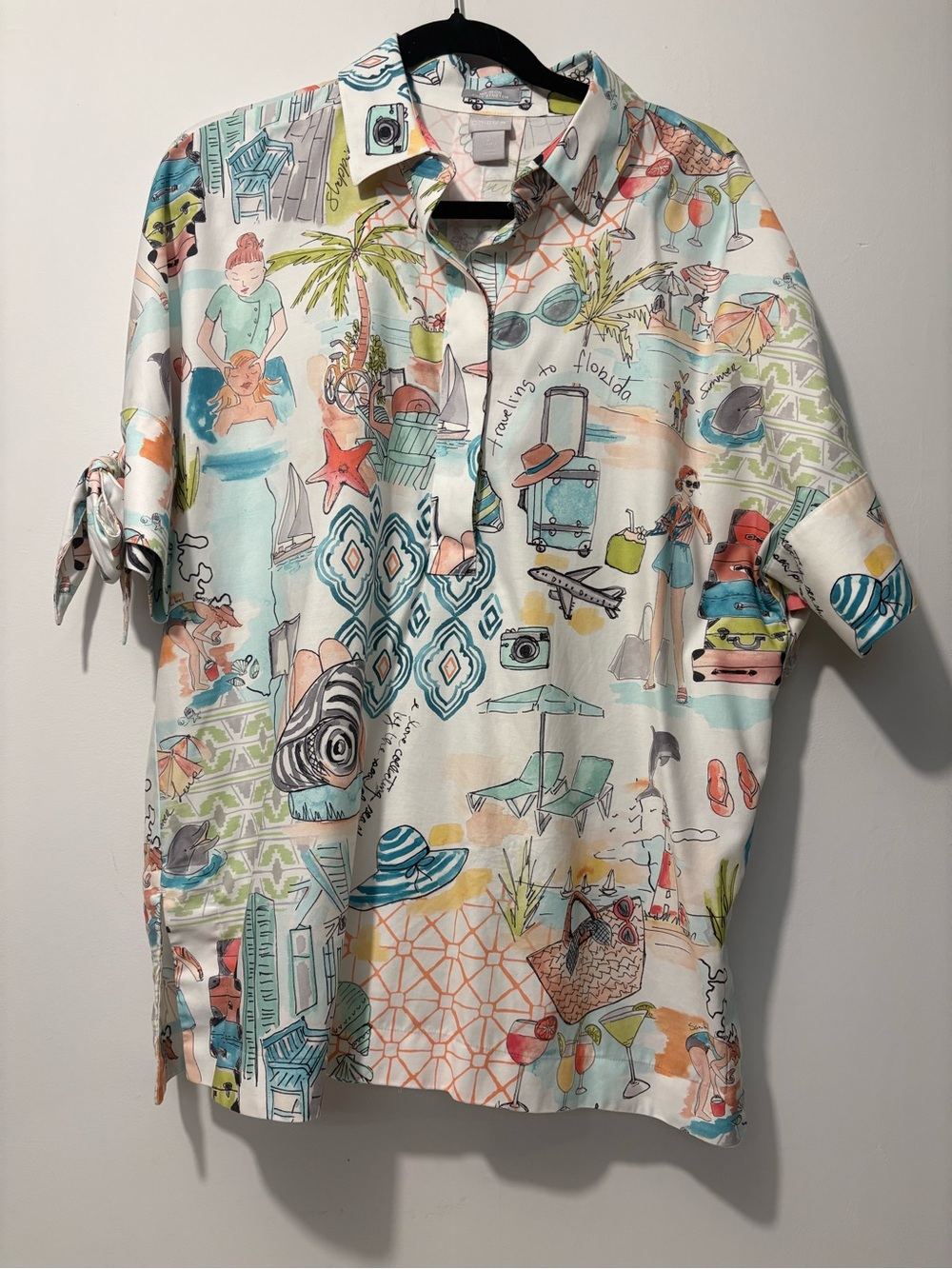 Chico's White Short-Sleeve Button-Down Shirt with Pastel Beach Print
